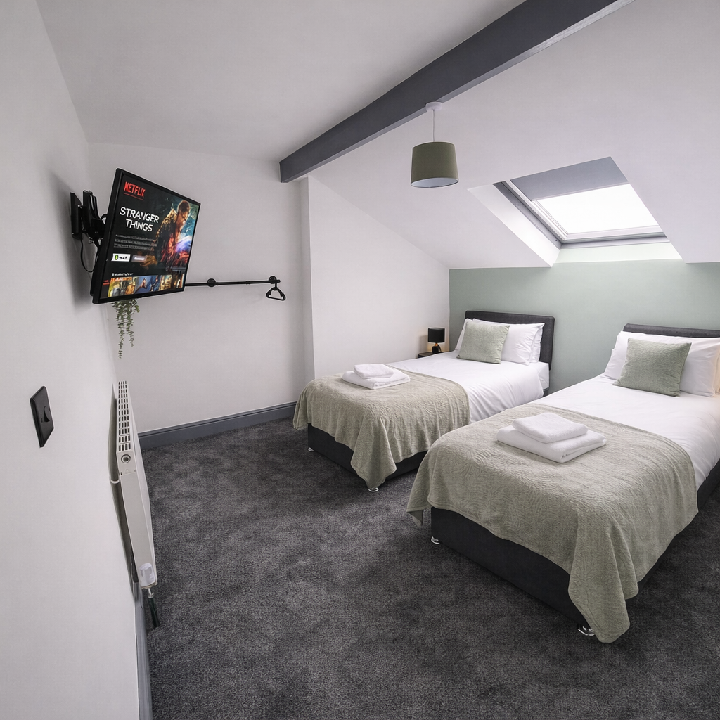 Modern attic bedroom with Netflix display
